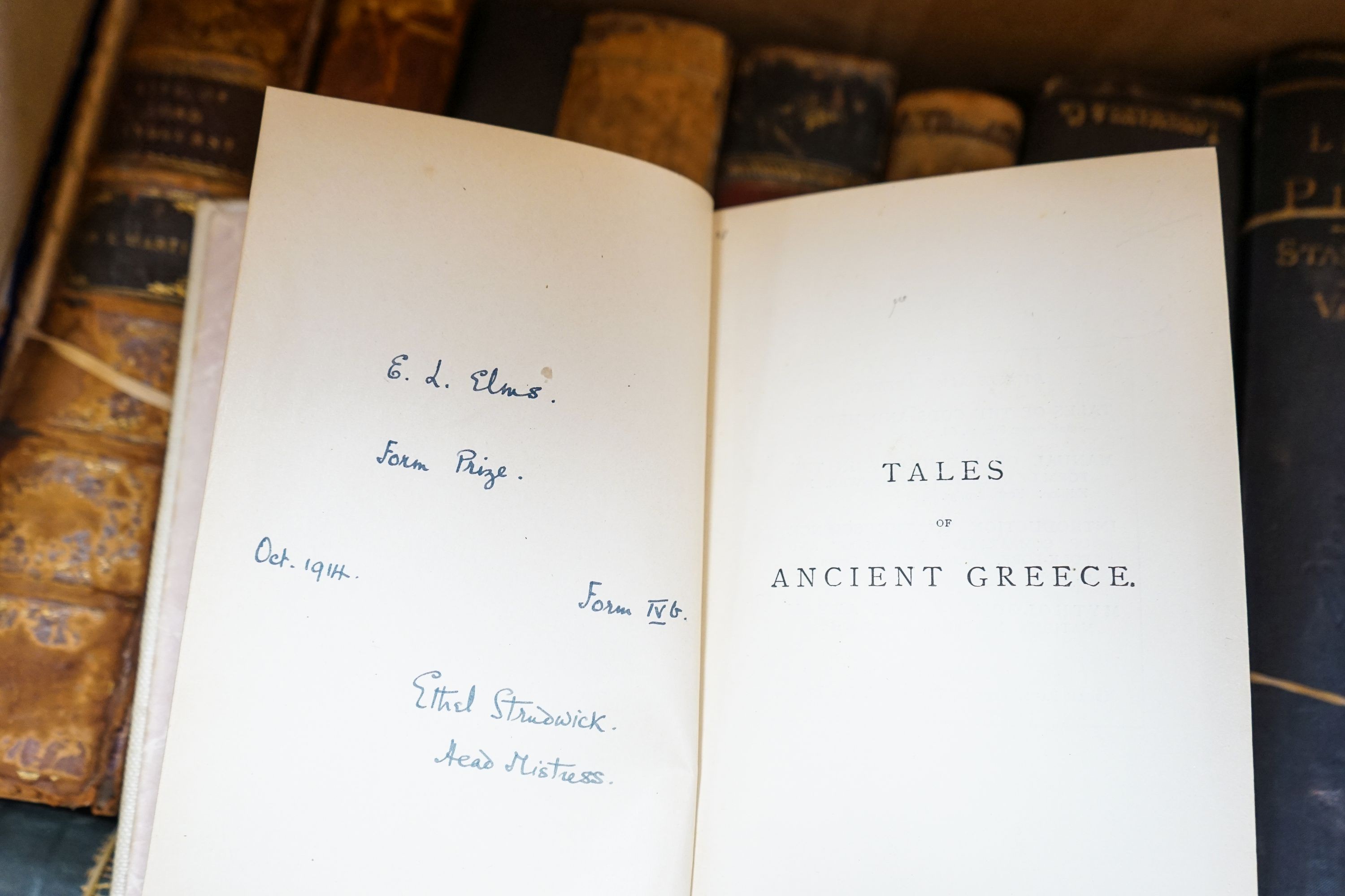 A collection of leather bound books, including The Truth of The Scripture 1796 to follow The Whole Duty of Man 1808 and Pompeii-Dyer 1875